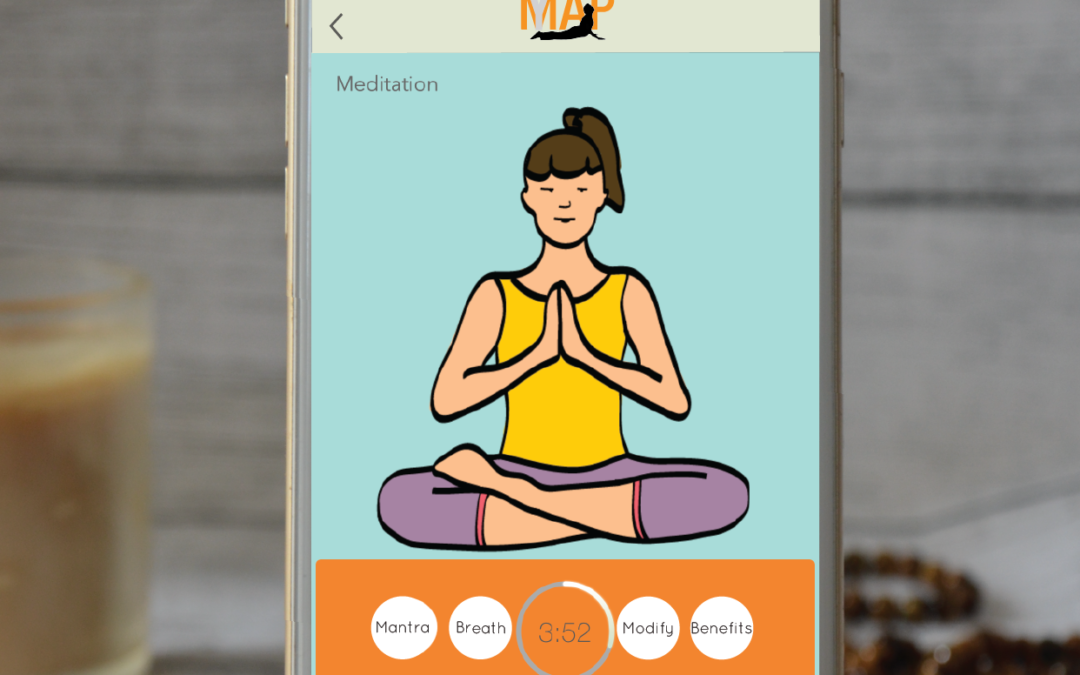 Yogamap app on the App Store showing meditation with timer and breath, mantra, any modifications as well as benefits