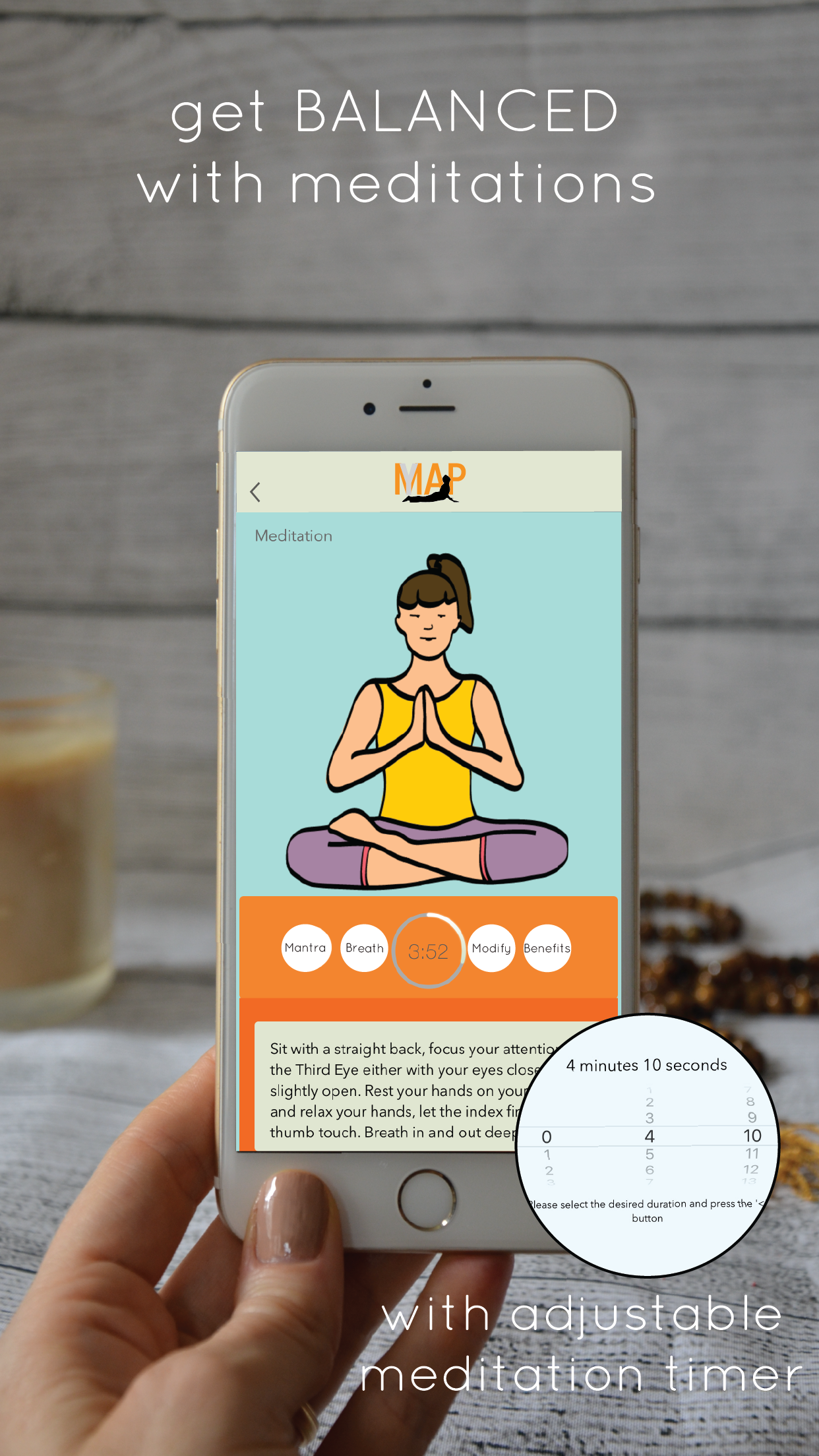 Yogamap app on the App Store showing meditation with timer and breath, mantra, any modifications as well as benefits